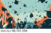 Students joyfully toss their graduation caps in the air during a lively outdoor ceremony at the university on a bright day. Стоковое AI-изображение, AI-художник Данила Большаков / Фотобанк Лори