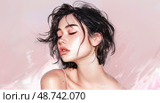The young woman displays a calm demeanor, her tousled hair framing her face and a soft, pastel background enhancing her beauty. Стоковое AI-изображение, AI-художник Данила Большаков / Фотобанк Лори