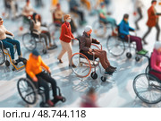 Individuals in wheelchairs and one person walking engage in a communal space under bright lighting. Стоковое AI-изображение, AI-художник Данила Большаков / Фотобанк Лори
