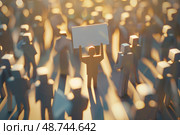 A lone figure stands out by holding a sign high above its head among a large crowd of similar figures illuminated by gentle, soft light. Стоковое AI-изображение, AI-художник Данила Большаков / Фотобанк Лори