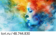 A woman’s profile is gently illuminated by a swirl of colorful, ethereal patterns, suggesting tranquility and introspection amidst vibrant hues. Стоковое AI-изображение, AI-художник Данила Большаков / Фотобанк Лори