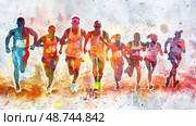 A group of runners dashes forward energetically, showcasing determination while competing in a vibrant marathon under a clear sky. Стоковое AI-изображение, AI-художник Данила Большаков / Фотобанк Лори