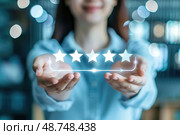 A woman is holding five stars in her hands, signifying a perfect five-star rating. This image represents exceptional customer service, positive feedback, and high satisfaction. Стоковое AI-изображение, AI-художник Данила Большаков / Фотобанк Лори