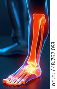Digital bone on the human foot. Man suffering from knee pain. Injury caused by training. Tendon problems. Panoramic banner with copy space. Стоковое AI-изображение, AI-художник Sergey Grishin / Фотобанк Лори