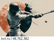 A baseball player is swinging a bat at a ball. Стоковое AI-изображение, AI-художник Ярославский Максим / Фотобанк Лори