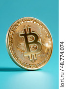 Монета биткойн на бирюзовом фоне. Криптовалюта, блокчейн. Редакционное AI-изображение, AI-художник Sergei Gorin / Фотобанк Лори