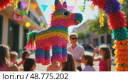 A close-up of a vibrant pinata hanging under a festive arch, decorated with colorful papel picado, as children gather around. Cinco de Mayo. Independence Day. Fiesta and festival vibes. Стоковое AI-видео, аниматор Sergey Grishin / Фотобанк Лори