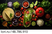 ingredients tomato taco food background ai generated. Стоковое AI-изображение, AI-художник Vectorwin / Фотобанк Лори
