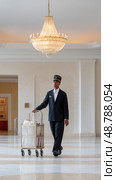 Hotel porter pushing luggage cart under crystal chandelier. Стоковое AI-изображение, AI-художник Юрий Поздников / Фотобанк Лори