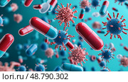Antibiotic pills surrounded by resilient bacteria, Healthcare dilemma, Visual representation of antibiotic resistance crisis. Стоковое AI-изображение, AI-художник Anastasy Yarmolovich / Фотобанк Лори