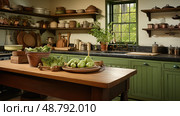 farmhouse countertop kitchen ai generated. Стоковое AI-изображение, AI-художник Vectorwin / Фотобанк Лори