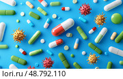 Antibiotic pills surrounded by resilient bacteria, Healthcare dilemma, Visual representation of antibiotic resistance crisis. Стоковое AI-изображение, AI-художник Anastasy Yarmolovich / Фотобанк Лори