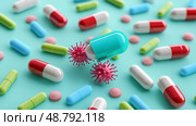 Antibiotic pills surrounded by resilient bacteria, Healthcare dilemma, Visual representation of antibiotic resistance crisis. Стоковое AI-изображение, AI-художник Anastasy Yarmolovich / Фотобанк Лори