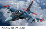 A fighter jet is flying through the sky with clouds in the background. Стоковое AI-изображение, AI-художник Ярославский Максим / Фотобанк Лори
