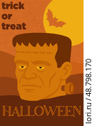 Постеры серии к Хэллоуин (Halloween) и Дню мёртвых (Día de los Muertos) с мрачным образом Франкенштейна, надписью Trick or Treat и стилизованными элементами в наивном стиле. Стоковая иллюстрация, иллюстратор Владислав Войтов / Фотобанк Лори