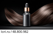 Luxurious hair serum bottle surrounded by swirled hair strands, elegant product mockup. Роскошный флакон сыворотки для волос в окружении закрученных прядей, элегантный макет продукта. Стоковое AI-изображение, AI-художник Katsiaryna Repich / Фотобанк Лори
