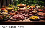 sausages latin food table ai generated. Стоковое AI-изображение, AI-художник Vectorwin / Фотобанк Лори