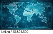 World map with detailed geographic features and grid layout displayed on a vibrant blue background. Стоковое AI-изображение, AI-художник Михаил Коханчиков / Фотобанк Лори