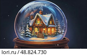 Magical glass ball with tiny modern cozy winter house inside on dark background. Snow globe, illustration. Insurance, moving, mortgage, rent and purchase real estate. AI generated. Стоковое AI-видео, аниматор Ольга Симонова / Фотобанк Лори