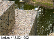 Gabion stone fence near a pond, showcasing rustic and durable landscaping with natural materials. Стоковое фото, фотограф Татьяна Степанищева / Фотобанк Лори