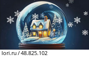 Magical glass ball with tiny modern cozy winter house inside on dark background. Snow globe, illustration. Insurance, moving, mortgage, rent and purchase real estate. AI generated. Стоковое AI-видео, аниматор Ольга Симонова / Фотобанк Лори