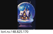 Magical glass ball with tiny modern cozy winter house inside on dark background. Snow globe, illustration. Insurance, moving, mortgage, rent and purchase real estate. AI generated. Стоковое AI-видео, аниматор Ольга Симонова / Фотобанк Лори