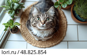 Cat sitting on a natural rug surrounded by potted plants in a cozy indoor space. Кошка сидит на натуральном ковре в окружении горшечных растений в уютном помещении. Стоковое AI-изображение, AI-художник Katsiaryna Repich / Фотобанк Лори