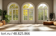 Spacious living room with elegant arches and sunlight flooding through windows. Просторная гостиная с элегантными арками и солнечным светом, проникающим через окна. Стоковое AI-изображение, AI-художник Katsiaryna Repich / Фотобанк Лори