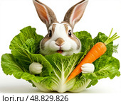 A rabbit is holding a carrot in a leafy green salad. Стоковое AI-изображение, AI-художник Ярославский Максим / Фотобанк Лори