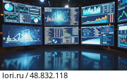 Multiple screens displaying various images symbolizing data monitoring and analysis, front view, bright lighting, tech color palet. Стоковое AI-видео, аниматор Sergey Grishin / Фотобанк Лори