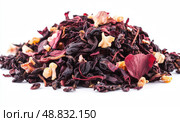 Roselle or Hibiscus tea pile isolated on a white background. Dry karkade flowers petals heap of dried herbal tea. Indian spices. Mockup of aromatic Fruit Red Tea, Dried Herbal Beverage. Carcade. Стоковое AI-изображение, AI-художник Марина Демидюк / Фотобанк Лори