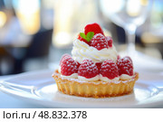 Appetizing raspberry tart and mint. Raspberry danish cake on plate on table and coffee. Tartlets raspberry fruit with vanilla custard, whipped cream served in a cafe. Blurred bokeh interior background. Стоковое AI-изображение, AI-художник Марина Демидюк / Фотобанк Лори