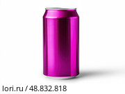 Single bright pink aluminum can isolate on white background. Front view. Recycle metal can mock-up, template. Beer, soda, carbonated water, cola, energy drink isolated with shadow. Recycling. Closeup. Стоковое AI-изображение, AI-художник Марина Демидюк / Фотобанк Лори