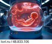 Футуристическая лаборатория с человеческим эмбрионом в инкубационной камере под мягким светом и наблюдением исследователей. Стоковое AI-изображение, AI-художник Сергей Никифоров-Гордеев / Фотобанк Лори