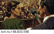 A woman stands at a podium, addressing a large crowd. The woman is speaking with conviction, while a man stands behind her. Стоковое AI-изображение, AI-художник Данила Большаков / Фотобанк Лори