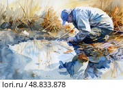 Watercolor painting of a man in a blue jacket by a pond, holding a stick, surrounded by yellow and brown reeds on a sunny day. Стоковое AI-изображение, AI-художник Данила Большаков / Фотобанк Лори