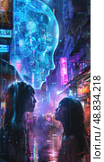 Two women stand facing each other in a cyberpunk city, bathed in neon light. A glowing, translucent head hovers above them, its features obscured by intricate circuitry. Стоковое AI-изображение, AI-художник Данила Большаков / Фотобанк Лори