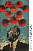 A vintage illustration of a man shouting while surrounded by red horn loudspeakers in a blue sky. Стоковое AI-изображение, AI-художник Данила Большаков / Фотобанк Лори