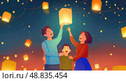 A happy family releases a sky lantern into the night sky, surrounded by other floating lights. Стоковое AI-изображение, AI-художник Данила Большаков / Фотобанк Лори
