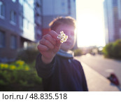 A child gives a flower in a green yard of a multi-story building. Стоковое фото, фотограф Елизавета Малкова / Фотобанк Лори