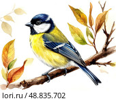 Titmouse. Watercolor illustration on white background. Стоковое AI-изображение, AI-художник Ирина Самойлова / Фотобанк Лори