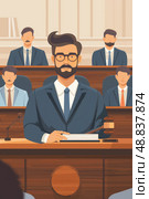 A judge with a beard presides over a legal proceeding, gazing sternly at the viewer to show his authority in the courtroom. Стоковое AI-изображение, AI-художник Данила Большаков / Фотобанк Лори