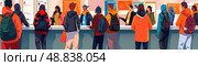 A group of students stand in line at a university registration desk, waiting to complete their enrollment process. Стоковое AI-изображение, AI-художник Данила Большаков / Фотобанк Лори