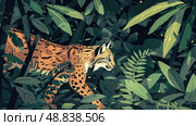 A bobcat walks through dense, green foliage in a forest. Its fur blends into the surroundings, making it difficult to spot. Стоковое AI-изображение, AI-художник Данила Большаков / Фотобанк Лори
