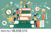 An illustration depicting three students standing on a stack of books, surrounded by colorful symbols representing knowledge and learning. Стоковое AI-изображение, AI-художник Данила Большаков / Фотобанк Лори