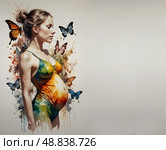 Портрет беременной девушки в профиль и акварельный растительный фон. Стоковое AI-изображение, AI-художник Наталья Расюк / Фотобанк Лори