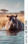 Hippo Surfacing in Tranquil Waters During Sunset in African Wetland Environment. Стоковое AI-изображение, AI-художник Юлия Гапеенко / Фотобанк Лори