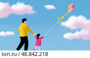 Father and daughter fly a colorful kite together on a sunny day in a park with a bright blue sky. Стоковое AI-изображение, AI-художник Сергей Толмачёв / Фотобанк Лори