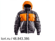 Stylish Gray and Orange Puffer Jacket Suitable for Cold Weather Activities and Casual Outings. Стоковое AI-изображение, AI-художник Юлия Гапеенко / Фотобанк Лори