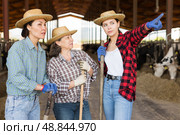 Conversation of farmers of different nationalities in cowshed. Стоковое фото, фотограф Яков Филимонов / Фотобанк Лори